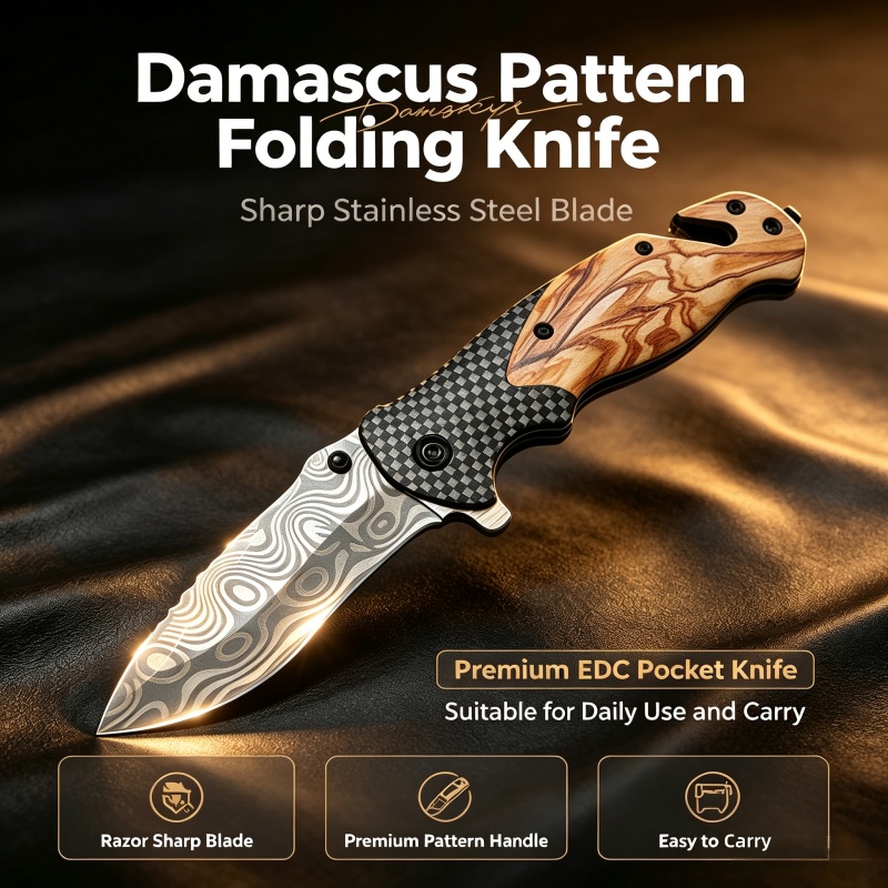 Damascus Pattern Folding Knife - Edc Carry Pocket Knife recension och pris